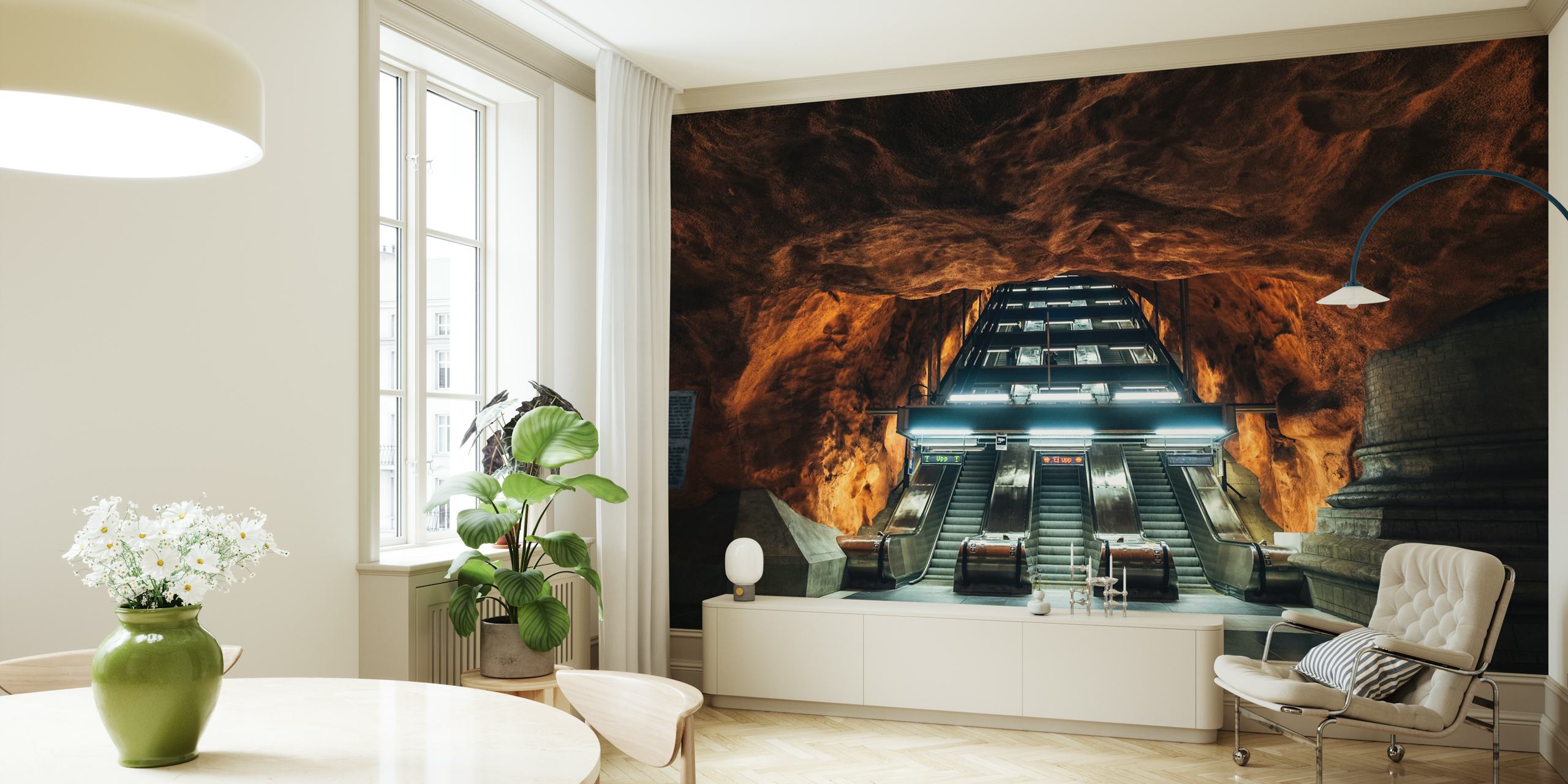 Subway escalators with rocky orange walls wallpaper